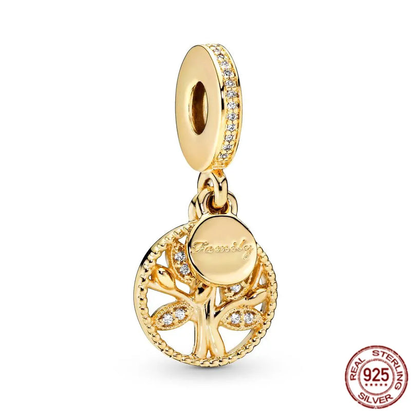 Berloques Banhado a Ouro Original Para Pulseira  Pandora Prata 925 Pulseira Espumante Nivelado Corações Quadrado Família Árvore Balançar Charme Semi Jóias