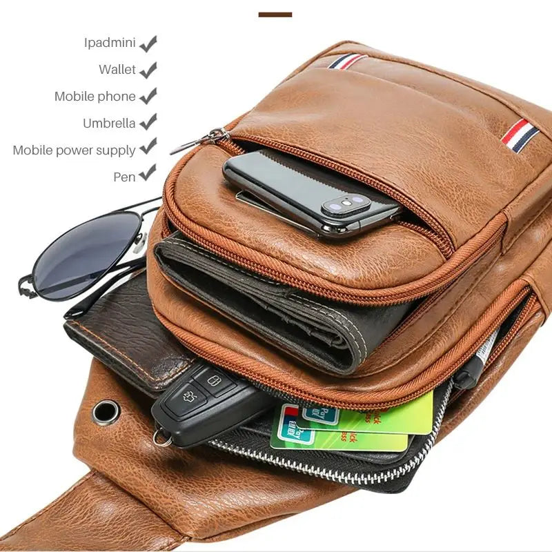 Bolsa Mochila Masculina Multi-Bolso Vintage Couro do Plutônio Crossbody Bolsa de Ombro Zíper à Prova Dágua