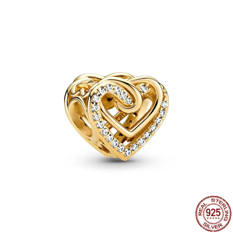 Berloques Banhado a Ouro Original Para Pulseira  Pandora Prata 925 Pulseira Espumante Nivelado Corações Quadrado Família Árvore Balançar Charme Semi Jóias