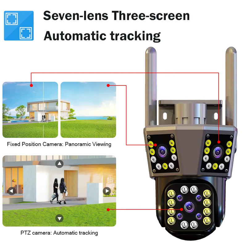 Cámara IP Exterior con Seguimiento de Movimiento, Cámara de Video PTZ, Sistema de Seguridad Impermeable, 3 Lentes, 3 Pantallas, 4K, 12MP, 6K