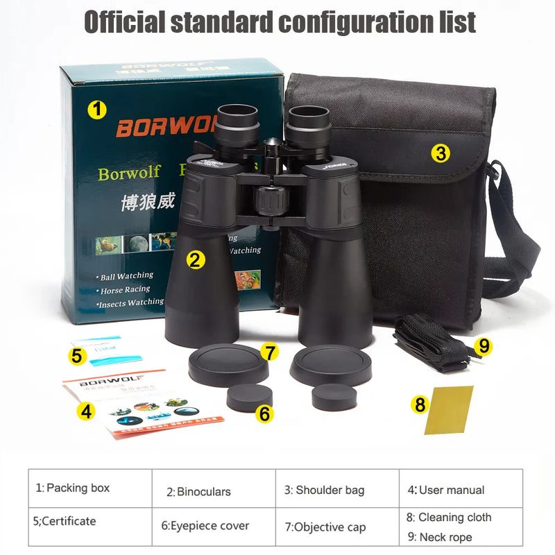 Binoculares Borwolf 10-380x100 de Gran Aumento, Zoom de Largo Alcance, 10-60 Veces, HD, Telescopio Profesional