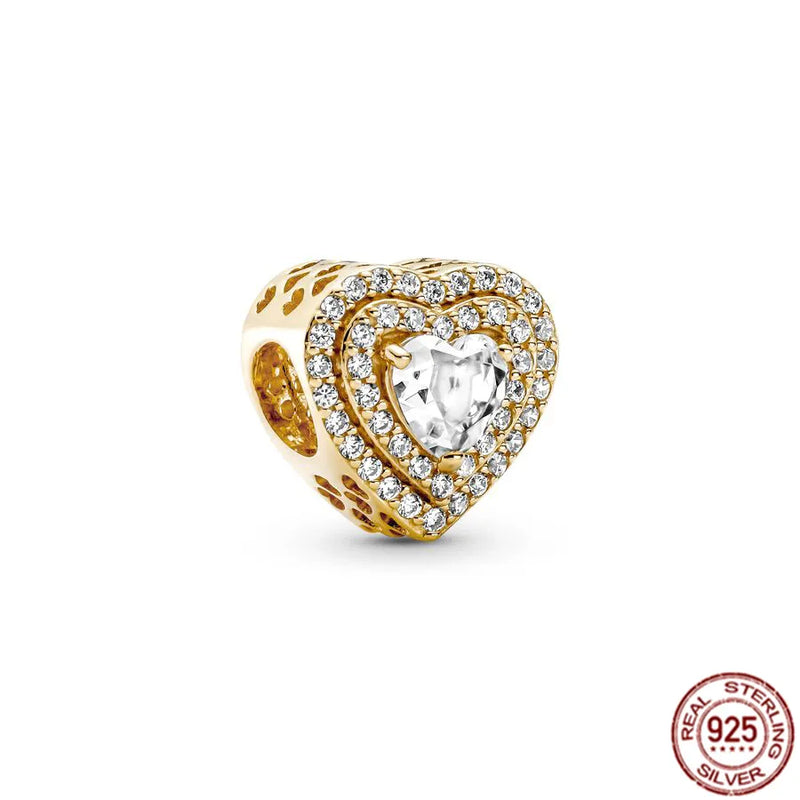 Berloques Banhado a Ouro Original Para Pulseira  Pandora Prata 925 Pulseira Espumante Nivelado Corações Quadrado Família Árvore Balançar Charme Semi Jóias