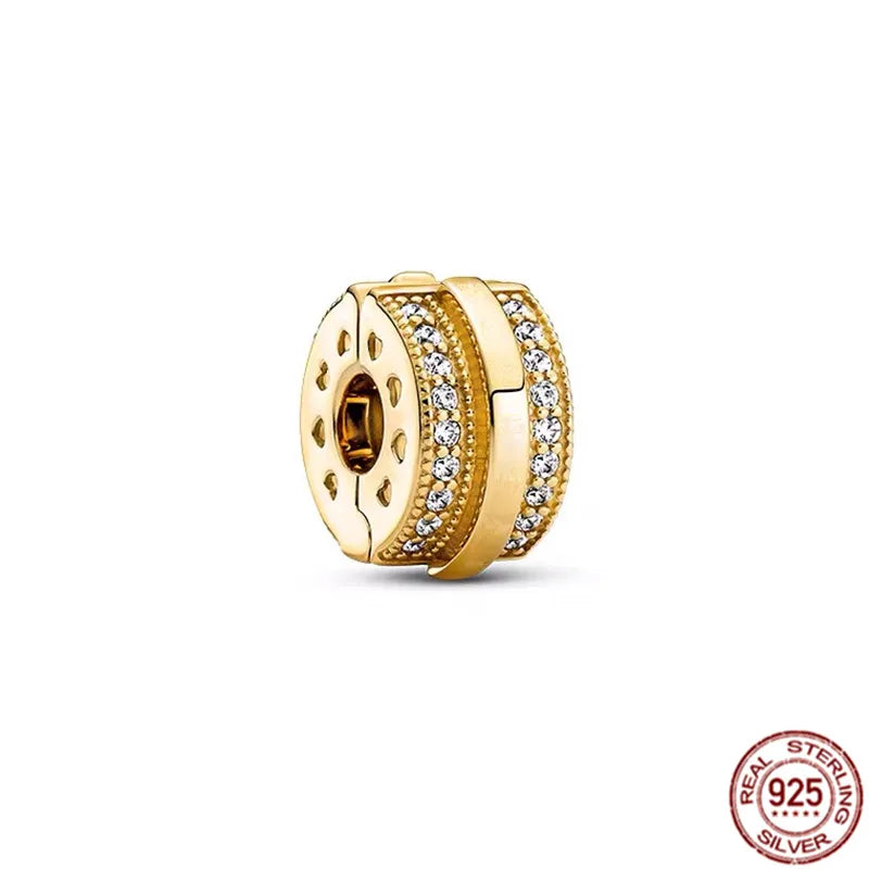 Berloques Banhado a Ouro Original Para Pulseira  Pandora Prata 925 Pulseira Espumante Nivelado Corações Quadrado Família Árvore Balançar Charme Semi Jóias