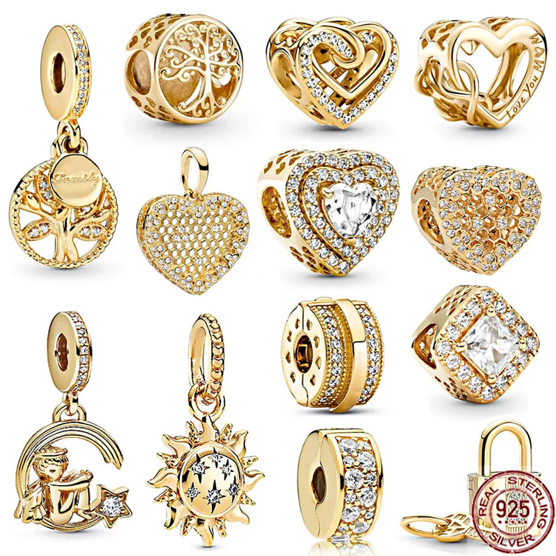 Berloques Banhado a Ouro Original Para Pulseira  Pandora Prata 925 Pulseira Espumante Nivelado Corações Quadrado Família Árvore Balançar Charme Semi Jóias