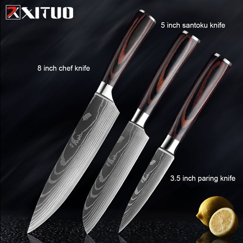 Conjunto/Kit de Facas Japonesa Para Cozinha Xituo Santoku - Cutelo de Chef de Carne, Aço Inoxidável, Faca Santoku, Frutas, Vegetais, Estampa de Damasco, Cortador de Cozinha - CompreiAqui