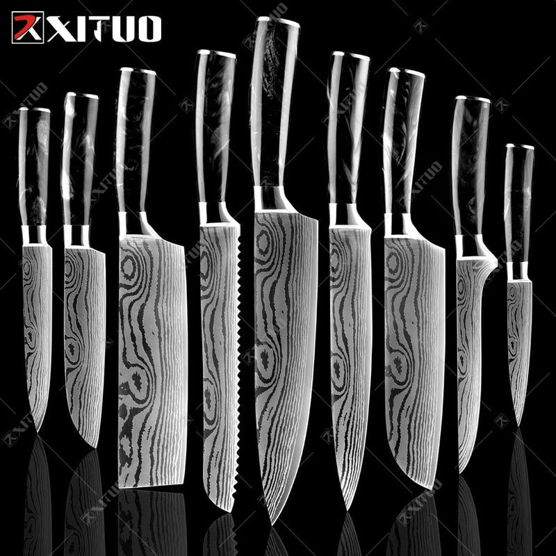 Conjunto/Kit de Facas Japonesa Para Cozinha Xituo Santoku - Cutelo de Chef de Carne, Aço Inoxidável, Faca Santoku, Frutas, Vegetais, Estampa de Damasco, Cortador de Cozinha - CompreiAqui