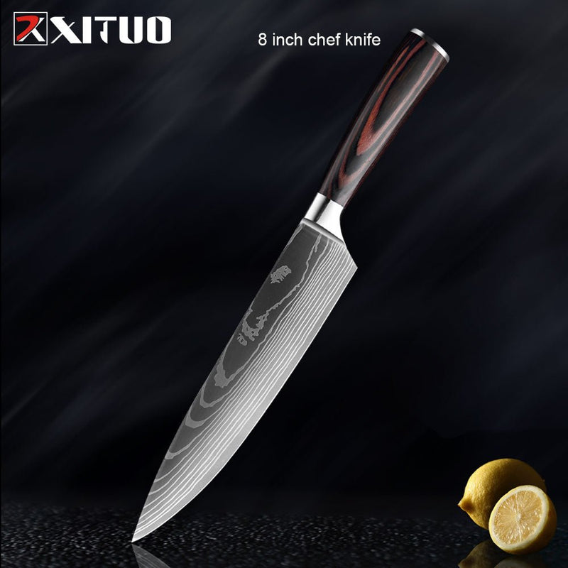 Conjunto/Kit de Facas Japonesa Para Cozinha Xituo Santoku - Cutelo de Chef de Carne, Aço Inoxidável, Faca Santoku, Frutas, Vegetais, Estampa de Damasco, Cortador de Cozinha - CompreiAqui