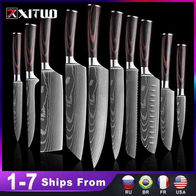 Conjunto/Kit de Facas Japonesa Para Cozinha Xituo Santoku - Cutelo de Chef de Carne, Aço Inoxidável, Faca Santoku, Frutas, Vegetais, Estampa de Damasco, Cortador de Cozinha - CompreiAqui