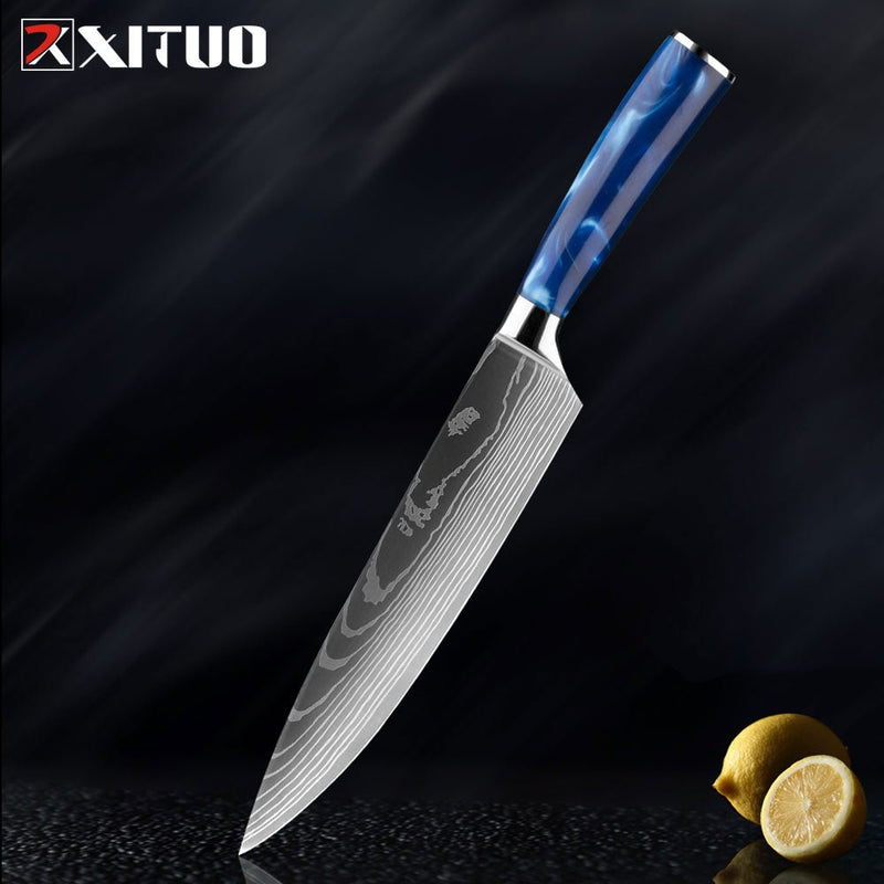 Conjunto/Kit de Facas Japonesa Para Cozinha Xituo Santoku - Cutelo de Chef de Carne, Aço Inoxidável, Faca Santoku, Frutas, Vegetais, Estampa de Damasco, Cortador de Cozinha - CompreiAqui