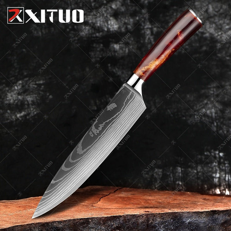 Conjunto/Kit de Facas Japonesa Para Cozinha Xituo Santoku - Cutelo de Chef de Carne, Aço Inoxidável, Faca Santoku, Frutas, Vegetais, Estampa de Damasco, Cortador de Cozinha - CompreiAqui