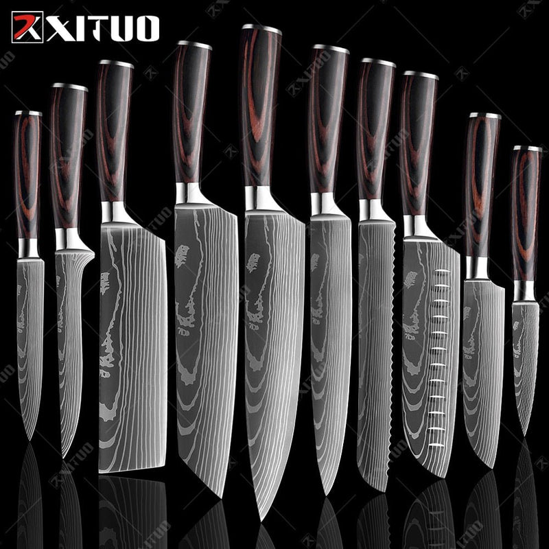 Conjunto/Kit de Facas Japonesa Para Cozinha Xituo Santoku - Cutelo de Chef de Carne, Aço Inoxidável, Faca Santoku, Frutas, Vegetais, Estampa de Damasco, Cortador de Cozinha - CompreiAqui