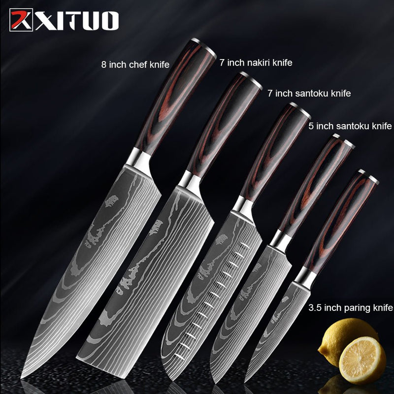 Conjunto/Kit de Facas Japonesa Para Cozinha Xituo Santoku - Cutelo de Chef de Carne, Aço Inoxidável, Faca Santoku, Frutas, Vegetais, Estampa de Damasco, Cortador de Cozinha - CompreiAqui