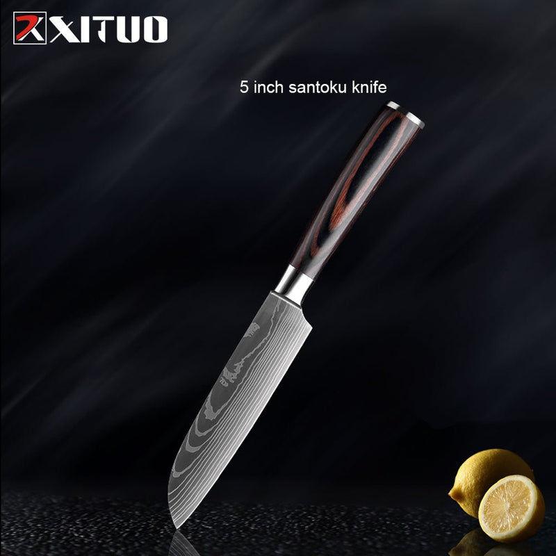 Conjunto/Kit de Facas Japonesa Para Cozinha Xituo Santoku - Cutelo de Chef de Carne, Aço Inoxidável, Faca Santoku, Frutas, Vegetais, Estampa de Damasco, Cortador de Cozinha - CompreiAqui