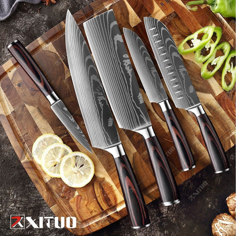 Conjunto/Kit de Facas Japonesa Para Cozinha Xituo Santoku - Cutelo de Chef de Carne, Aço Inoxidável, Faca Santoku, Frutas, Vegetais, Estampa de Damasco, Cortador de Cozinha - CompreiAqui