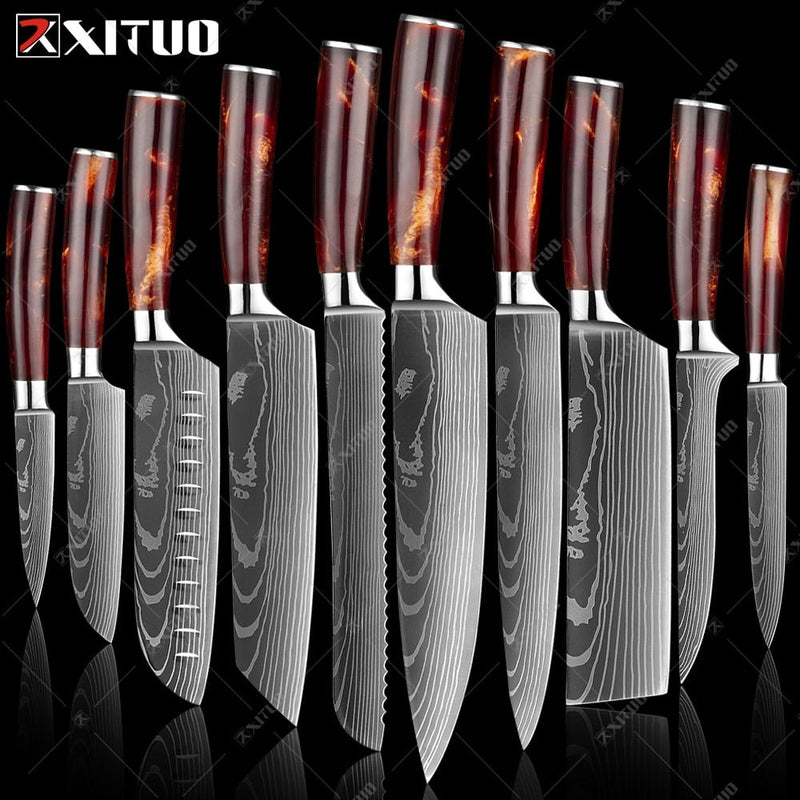 Conjunto/Kit de Facas Japonesa Para Cozinha Xituo Santoku - Cutelo de Chef de Carne, Aço Inoxidável, Faca Santoku, Frutas, Vegetais, Estampa de Damasco, Cortador de Cozinha - CompreiAqui