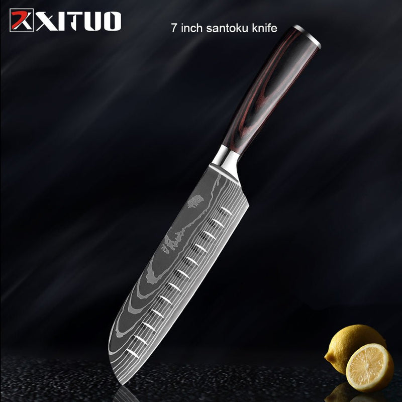 Conjunto/Kit de Facas Japonesa Para Cozinha Xituo Santoku - Cutelo de Chef de Carne, Aço Inoxidável, Faca Santoku, Frutas, Vegetais, Estampa de Damasco, Cortador de Cozinha - CompreiAqui