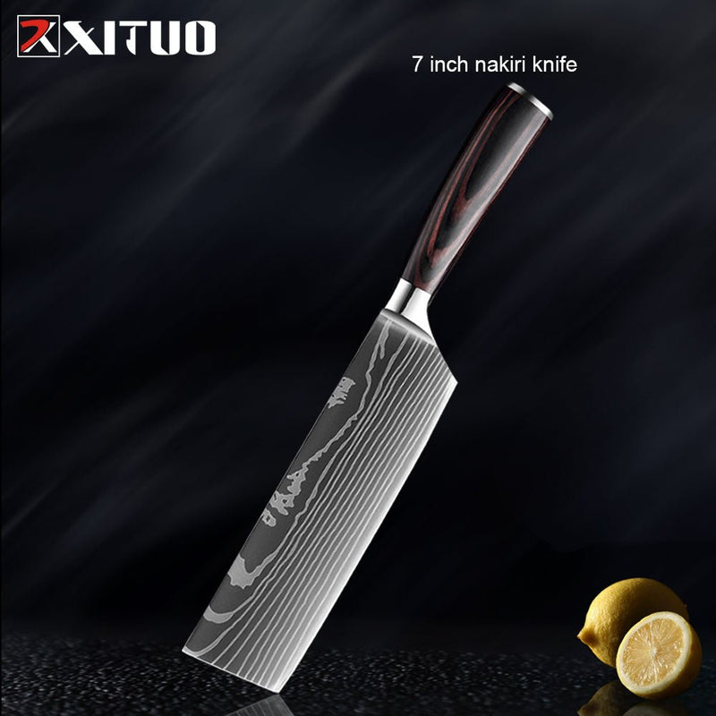 Conjunto/Kit de Facas Japonesa Para Cozinha Xituo Santoku - Cutelo de Chef de Carne, Aço Inoxidável, Faca Santoku, Frutas, Vegetais, Estampa de Damasco, Cortador de Cozinha - CompreiAqui