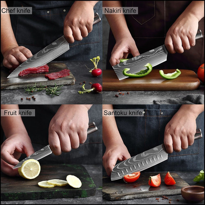 Conjunto/Kit de Facas Japonesa Para Cozinha Xituo Santoku - Cutelo de Chef de Carne, Aço Inoxidável, Faca Santoku, Frutas, Vegetais, Estampa de Damasco, Cortador de Cozinha - CompreiAqui