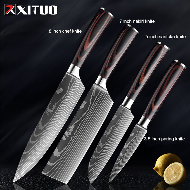 Conjunto/Kit de Facas Japonesa Para Cozinha Xituo Santoku - Cutelo de Chef de Carne, Aço Inoxidável, Faca Santoku, Frutas, Vegetais, Estampa de Damasco, Cortador de Cozinha - CompreiAqui