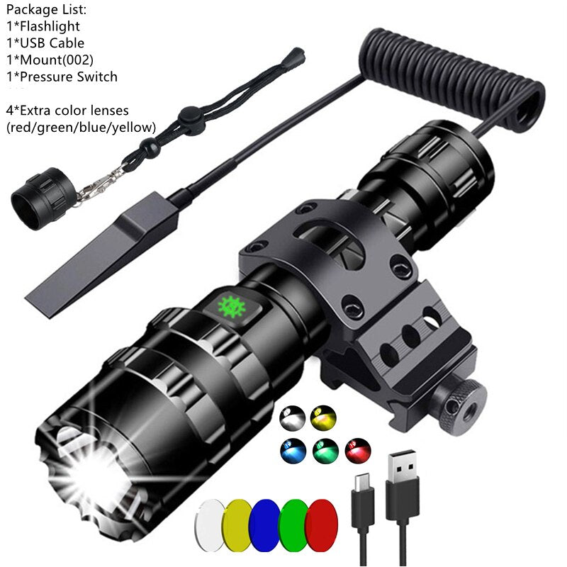 Lanterna de Caça L2 Tocha LED Lanternas Táticas 18650 Lâmpada USB Offset Gun Mount Luz à prova D'água Com Lente Verde/Amarela - CompreiAqui