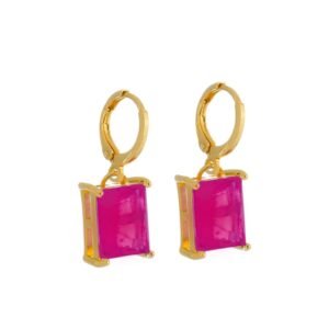 Brinco Dourado Argolinha Pedra Retangular Rosa